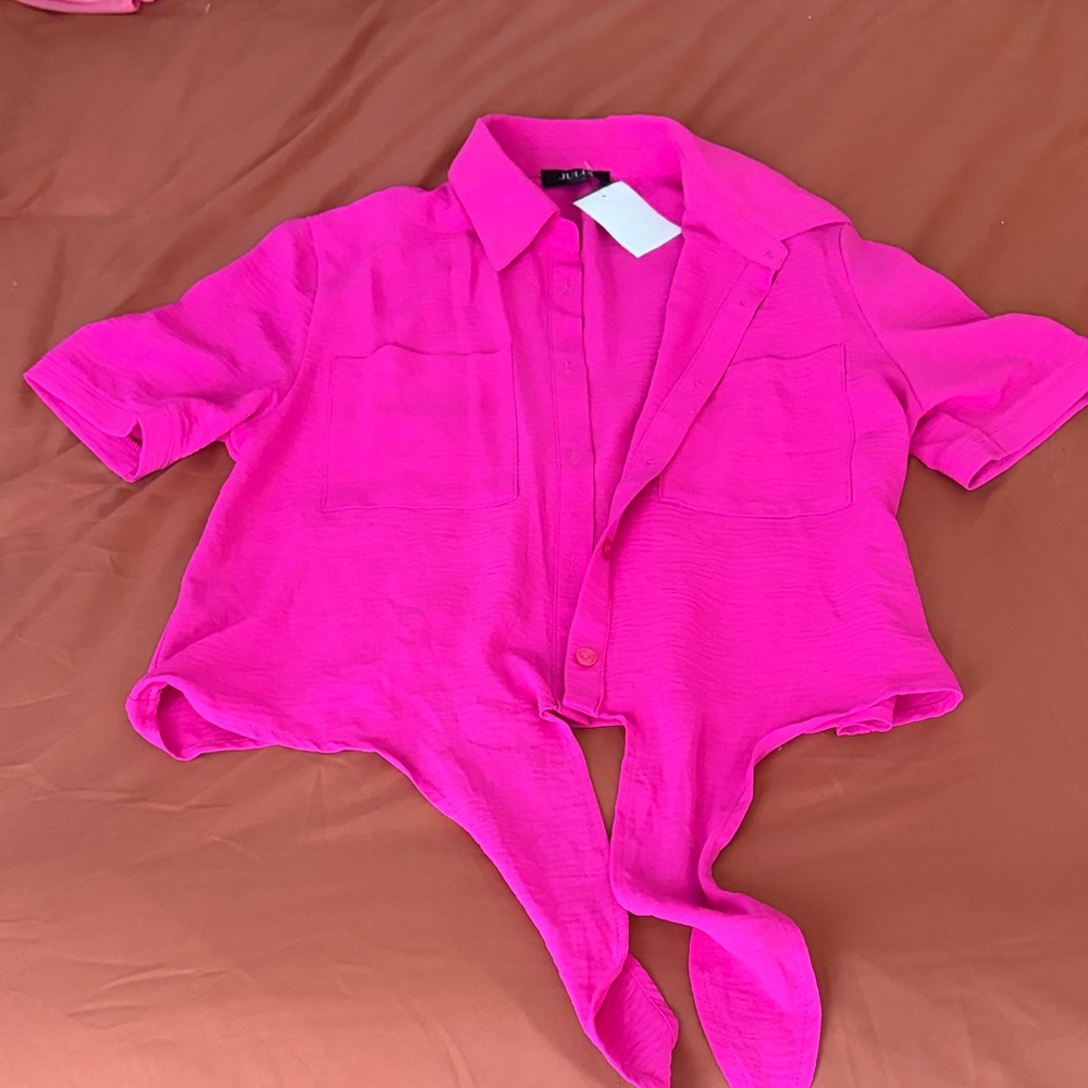 Womenโs Tie-Front Button Down Shirt - Hot Pink